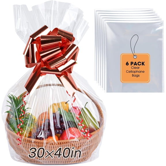 6PCS Extra Large Cellophane Bags, 30x40 Inches Clear Cellophane Wrap for Gift Baskets, Jumbo Huge Packaging Clear Gift Bags 2.8 Mil Thick