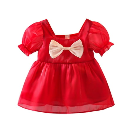 

Summer Baby Girls Summer Dress Thin Short Sleeve Bowknot Puff Sleeve Mesh Princess Dress Baby Girl Clothes