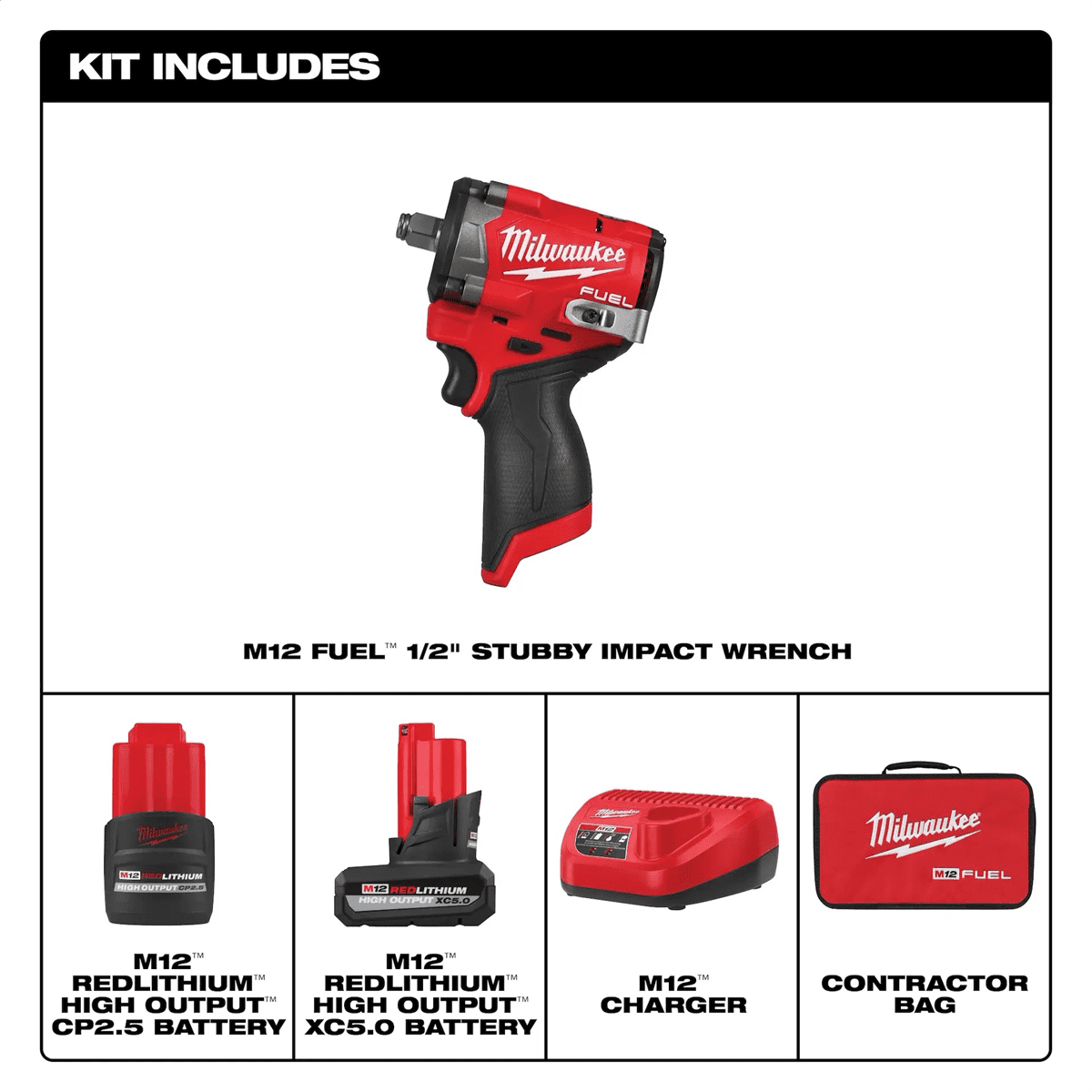 Milwaukee Tool M12 FUEL Stubby 1/2" Impact Wrench Kit