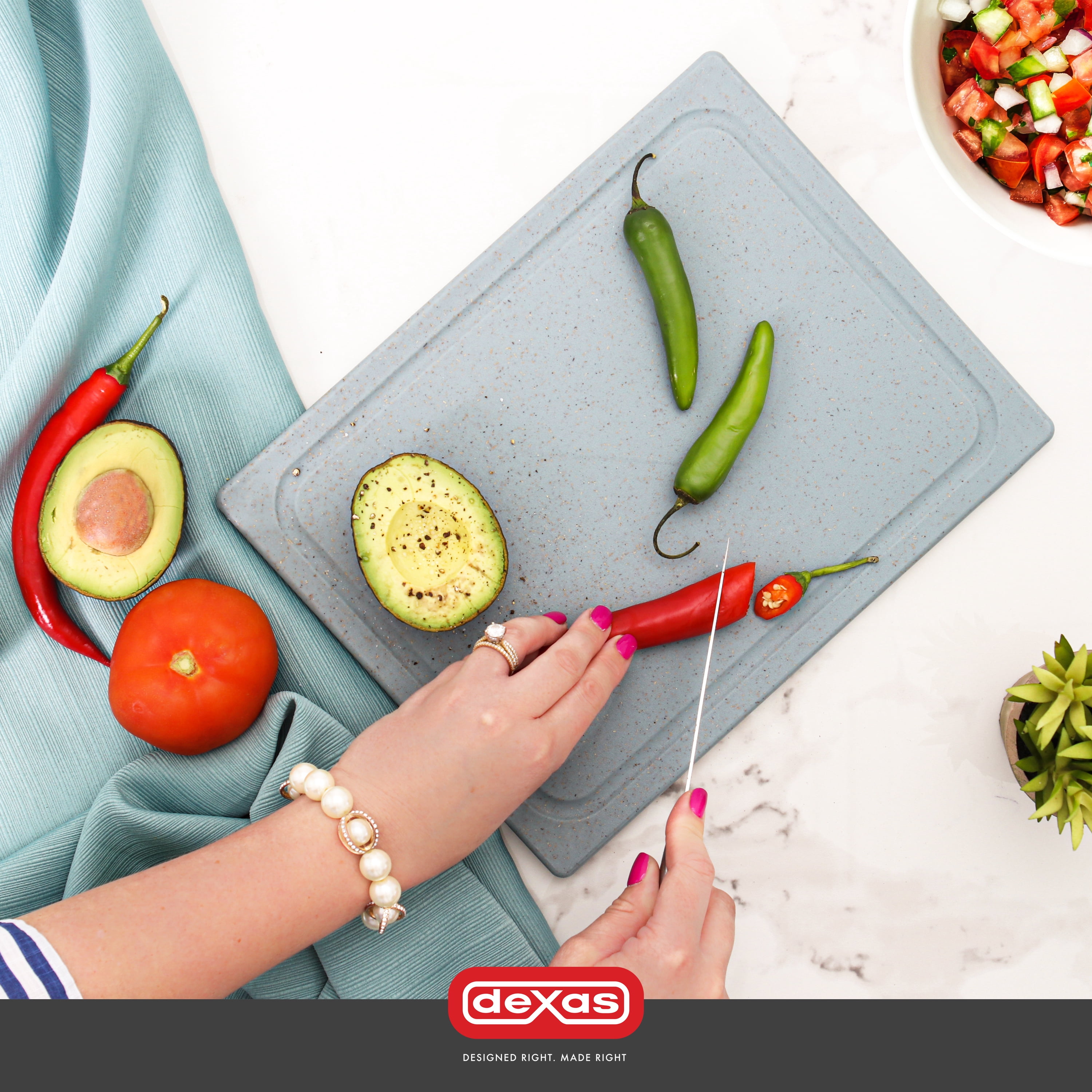 Dexas 10 x 13 PolyFlax Cutting Board with Juice Well in Smoke Blue with Flax