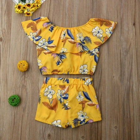 

Toddler Newborn Baby Girls Floral Print Ruffled Off Shoulder Tops Short SleeveT-Shirt Short Pants Sunsuit