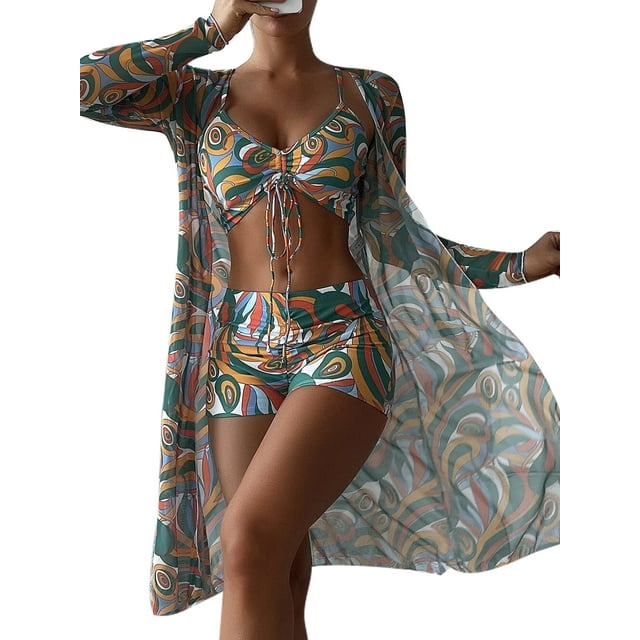 MAWCLOS Women Bathing Suit Ruched Swimsuit Three Pieces Swim Bikini Set Push Up Seaside Floral Print Swimming Suits Green XL