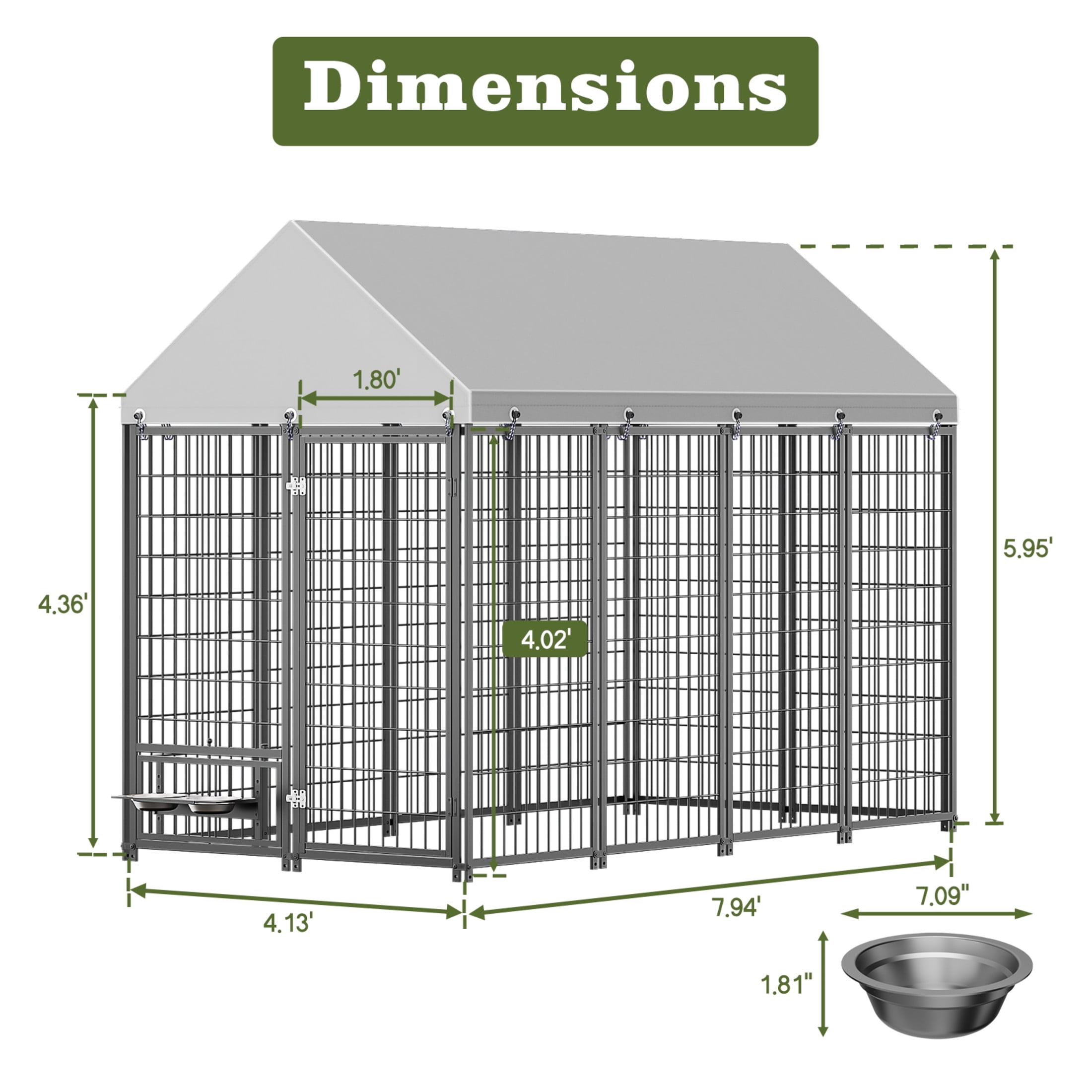 Noble House Large Outdoor Dog Kennel with Roof Cover, Metal Pet Pens 7.94'L x 4.13'W x 5.95'H, Black