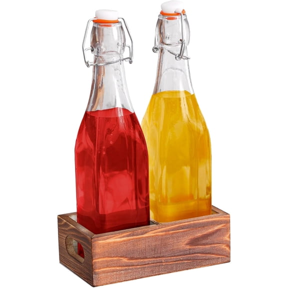 CB Accessories Flip Top Clear Glass Bottle with Wood Tray, Funnel and Pourer (Set of 2)