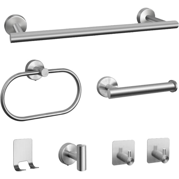 7 PCS Bathroom Hardware Set, Matte Stainless Steel Bathroom Tower Rack Set Wall Mounted Includes 16" Towel Bar, Toilet Towel Paper Holder, Towel Ring, 4 Robe Towel Hooks