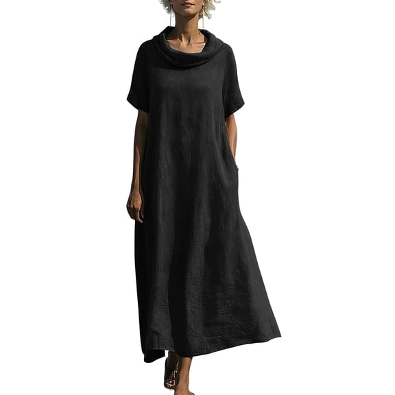 UPPADA Cotton Linen Dresses for Women Cowl Neck Short Sleeve Summer Beach Dresses Casual Flowy Dresses Solid Color Maxi Sundresses with Pockets,Black Dress L