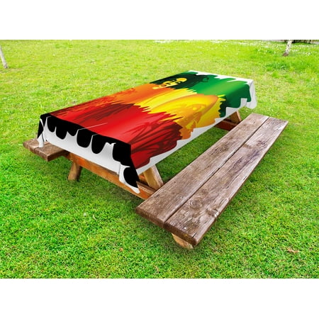 

Rasta Outdoor Tablecloth Iconic Reggae Music Singer Abstract Design with Sun and Palm Trees Decorative Washable Fabric Picnic Table Cloth 58 X 84 Inches Green Yellow Red and Orange by Ambesonne