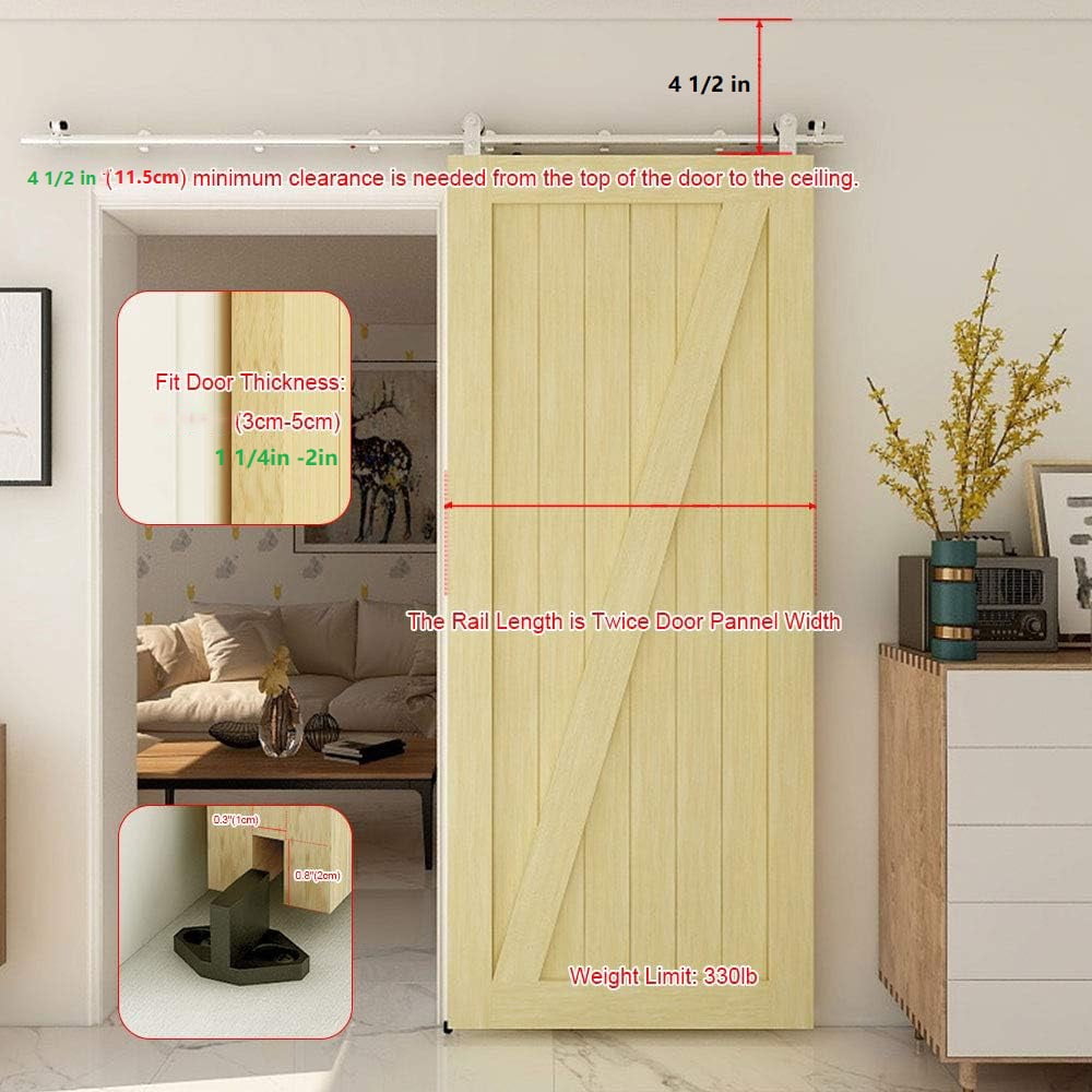 CCJH Stainless Steel 6.6FT Sliding Barn Door Hardware Kit Fit 39.6” Width Single Door T-Shaped Silver