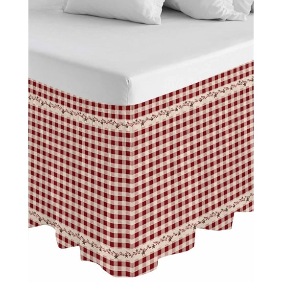 Country Star Plaid Wrap Around Bed Skirts for King Bed 18" Drop,Bed Skirt with Adjustable Elastic Belt Dust Ruffle Bed Valance for Bedroom Hotel Retro Red American Farm Barn Berry Bed Frame Cover