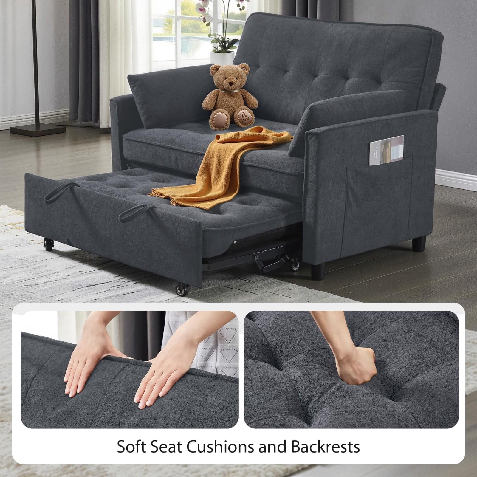 Convertible Sofa Bed, 3 in 1 Pull Out Couch Loveseat Sleeper with USB Charging Port, Adjustable Backrest, Side Pocket, Fabric Couch for Living Room Apartment, Dark Gray