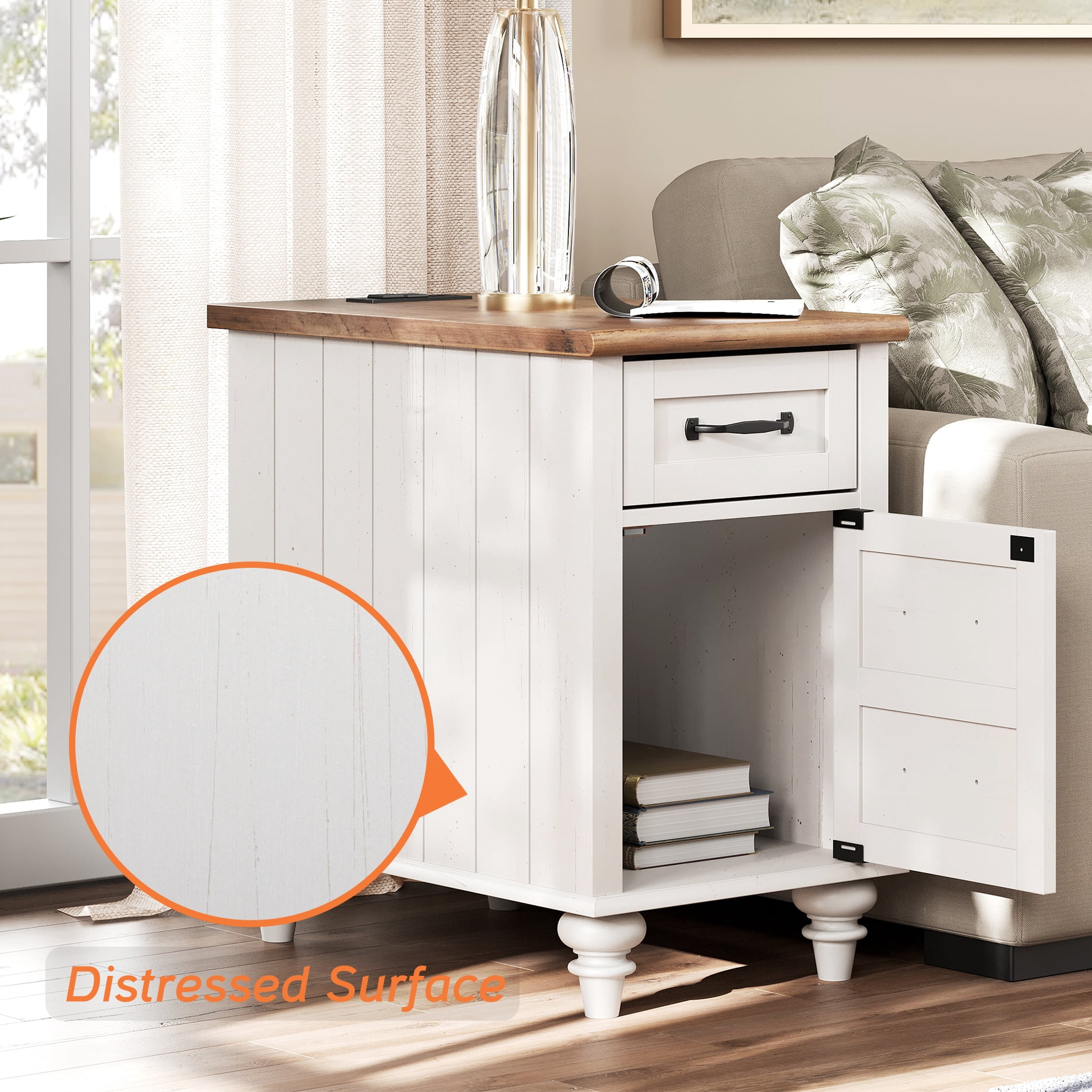 Off White Farmhouse End Table with Charging Station, Wooden Side Table with Drawer and Cabinet for Living Room Bedroom