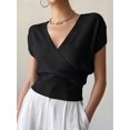 thumbnail image 4 of Gynyvoja Women'S V-Neck Wrap Front Ribbed Knit Short Sleeve Fitted Cropped Sweater Tos Black S, 4 of 7