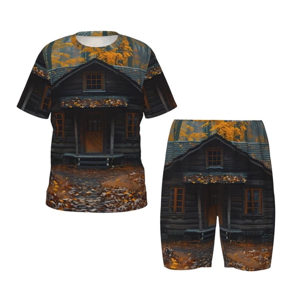 Balery Rustic Cabin Autumn Forest Conjunto de Pijama Infantil de Manga Corta con Estampado – Ropa de Dormir de Algodón Suave-3X-Large