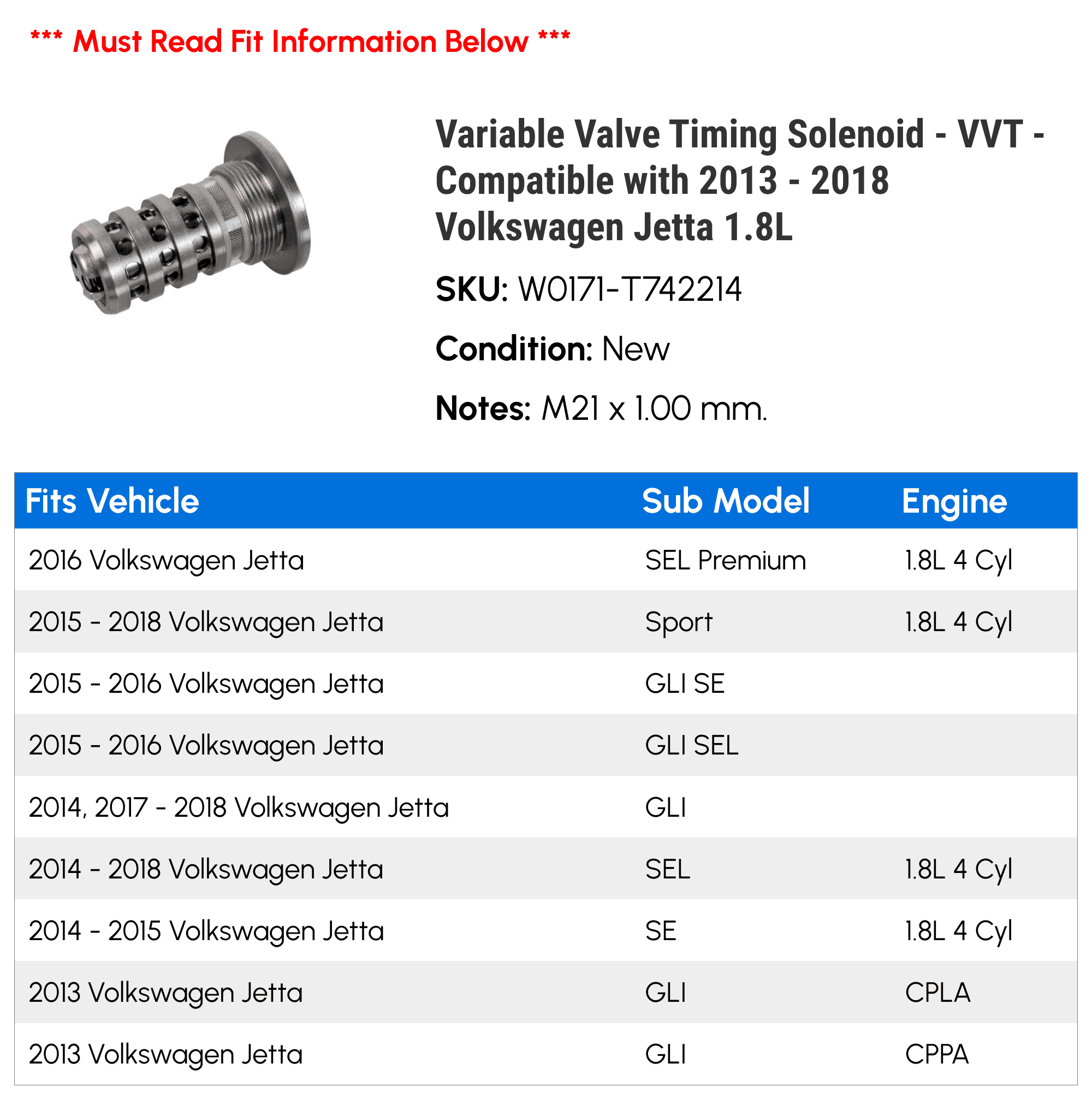 Variable Valve Timing Solenoid - VVT - Compatible with 2013 - 2018 Volkswagen Jetta 1.8L 2014 2015 2016 2017