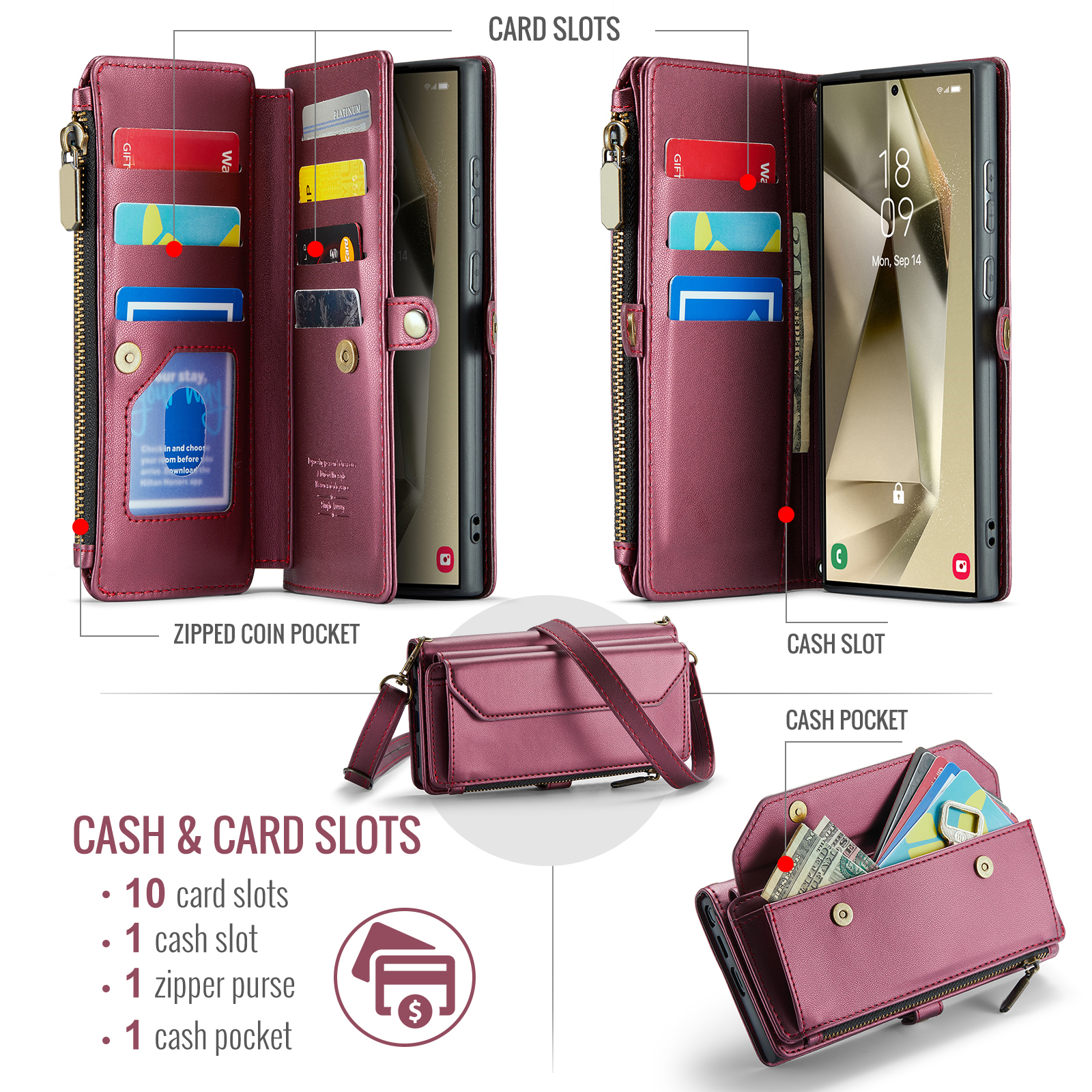 Compatible with Samsung Galaxy S24 Ultra 5G Zipper Wallet Phone Case Tempered Glass Screen Protector Crossbody Lanyard Strap Flip Card Holder Slot Cell Cover for S24Ultra 24S S 24 24U Women Wine Red