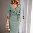 thumbnail image 3 of Vestido midi sexy de mujer con cuello en V, rayas verticales, tejido liso y lazo, 3 of 6