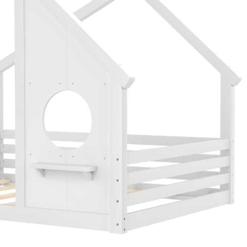 Bellemave Full House Floor Bed with Window and Shelf, Solid Wood Montessori Bed with Roof, Low to Ground House Bed with High Fence for Bedroom, White