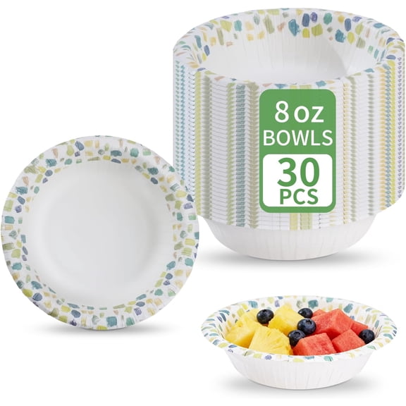 30 Count 8oz Paper Bowls, Disposable Bowls Microwaveable, Soak Proof and Cut Proof, Small Paper Bowls Printed for Snacks, Dessert,Picnic, Barbecue and Everyday Meals (Green Pattern, 8oz)
