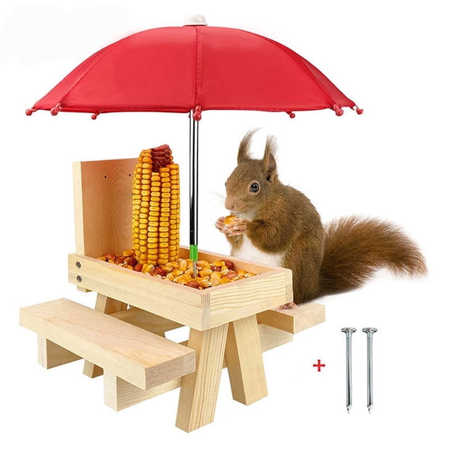 Squirrel Picnic Table, Wooden Easy Installation Squirrel Picnic Table Feeder Thicken Scratch Resistant for Parks for Squirrel Natural Wood Color,Natural Wood Color with Red