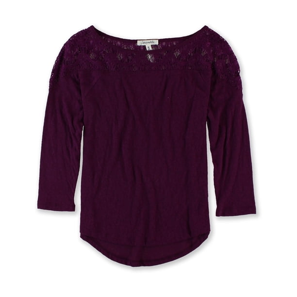 Aeropostale - Camiseta adornada con hombros de encaje para mujer, color morado, talla XS Aeropostale Camiseta adornada