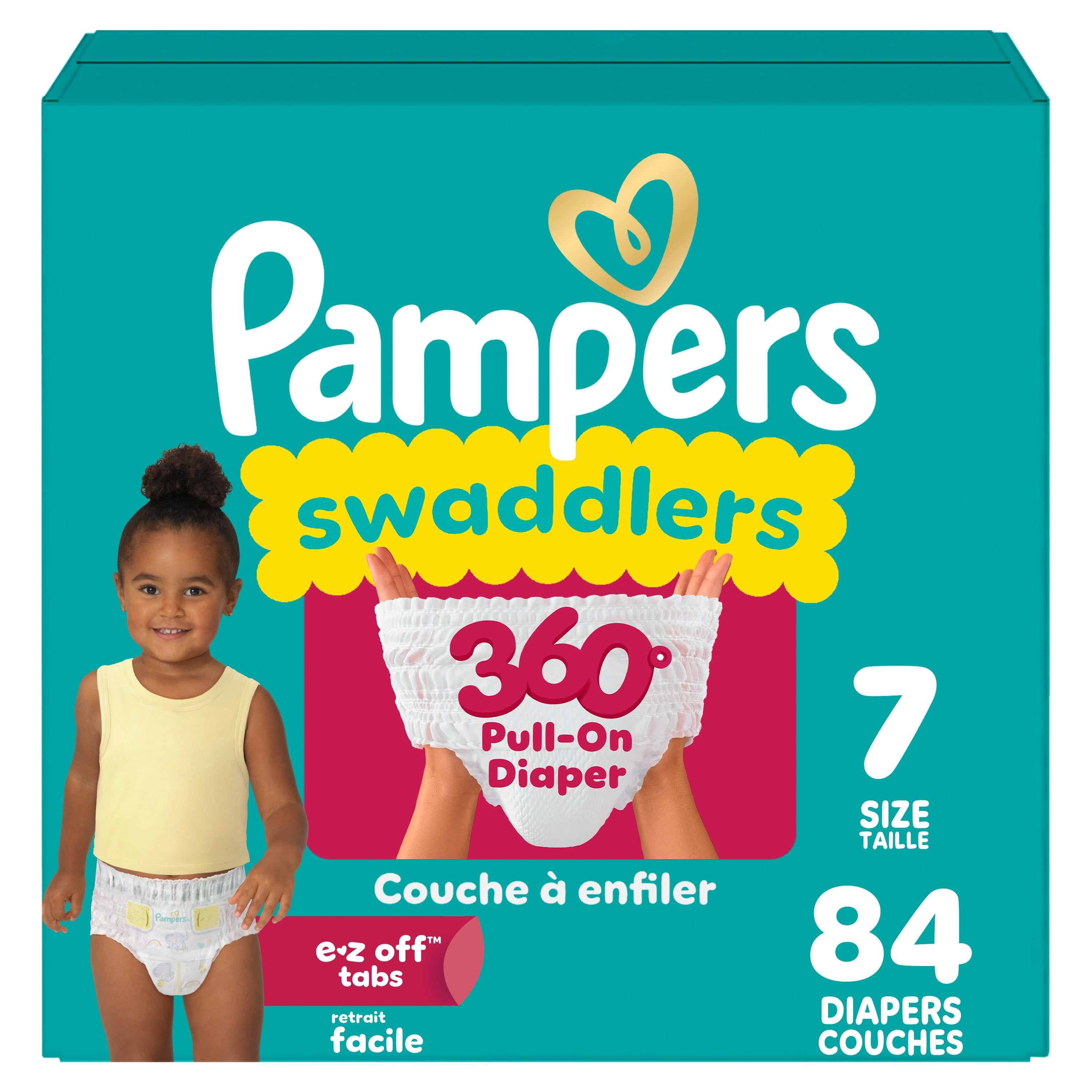 Pampers Diapers - Swaddlers 360° - Size 7, up to 100% Leakproof Comfy Dry Fit, EZ Off Tabs Designed for Easy Changes, Pull On Diaper