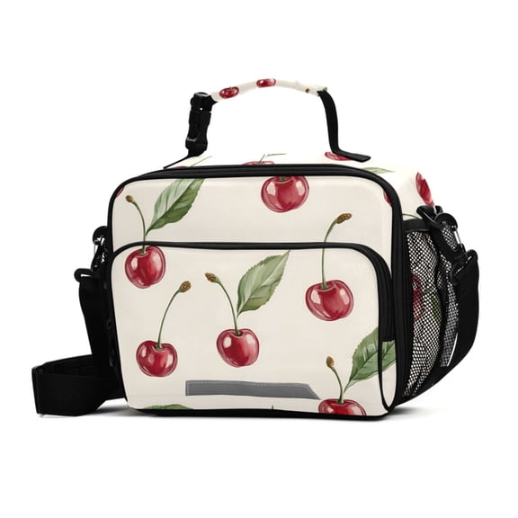 FORMRS Student Insulated Lunch Bag with Shoulder Strap Reusable Cooler Box for School, Beige Cherry