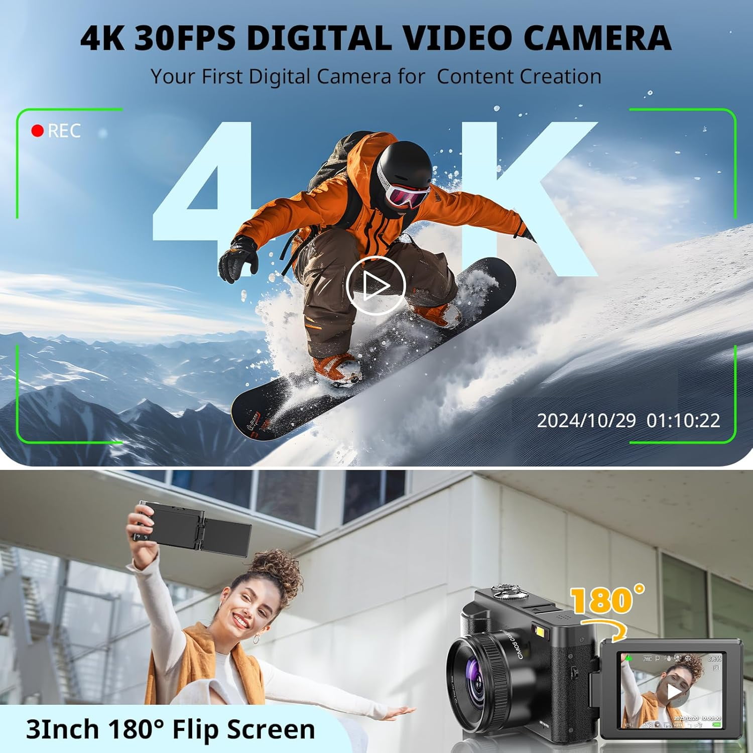 Vlogging Camera 4K Digital Cameras 48MP for Photography Autofocus 16X Digital Zoom for YouTube with 32GB Card