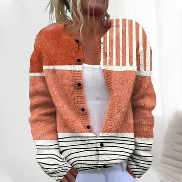Cardigan Sweaters For Women Oversized Crew Neck Cropped Long Sleeve Button Down Tops Printed Knitted Outerwear Rose Gold M