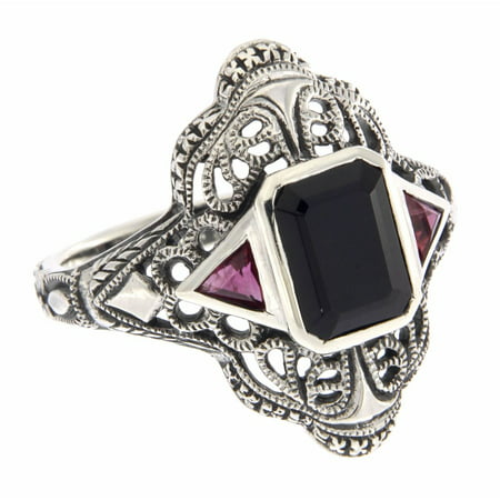 Art Deco Style Black Onyx Filigree Ring w/ Ruby Accents - Sterling Silver (8)