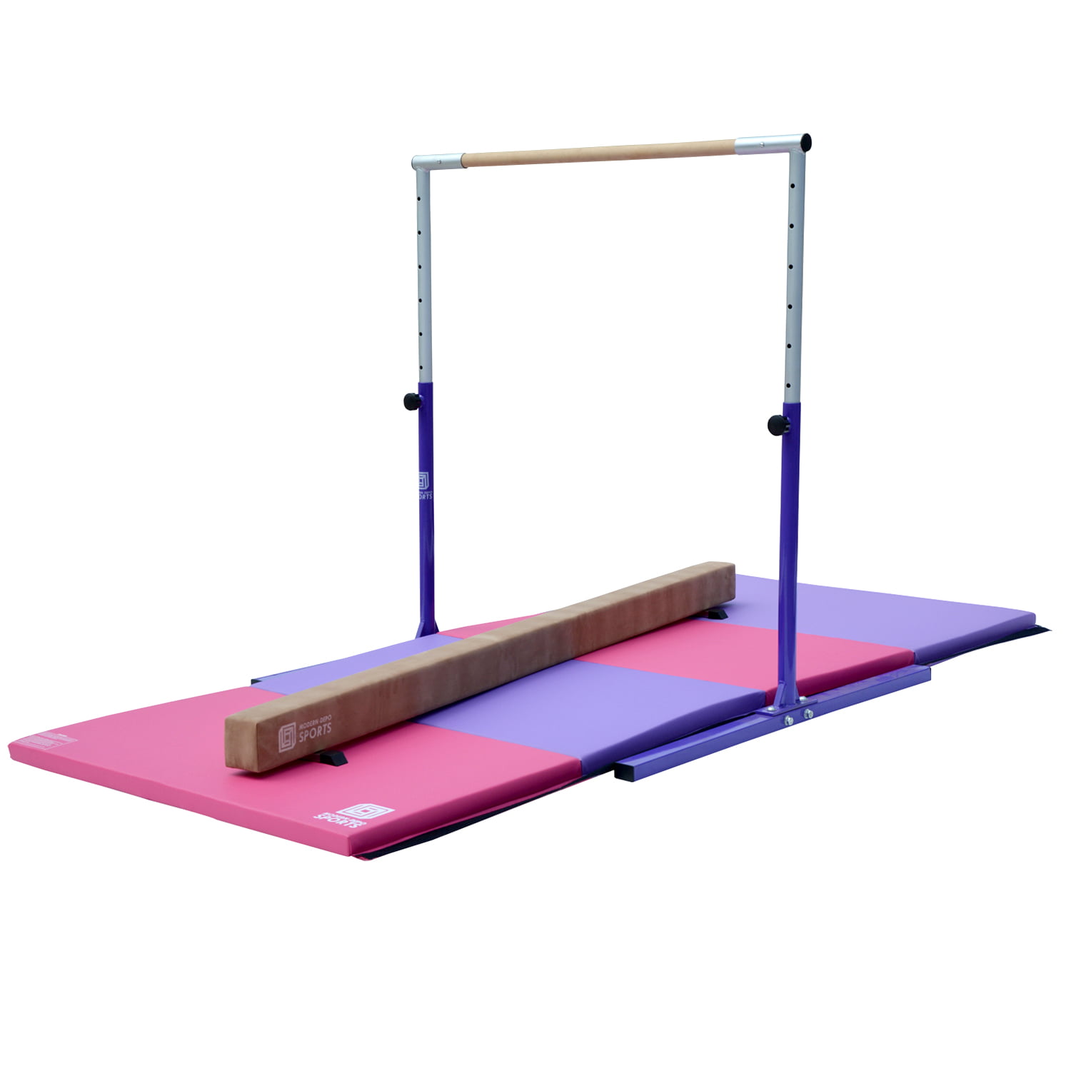 Purple Kip Bar 8ft Long Pink Suede Balance Beam 4ftX8ft Gymnastics Folding Mat 