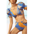 thumbnail image 5 of Meloria Swim and Fashion Light Blue with Leaf Print Padded Lantern Sleeve v-neck Fril Trim Backless Retro Stylish Two-Piece Swimsuit, 5 of 5