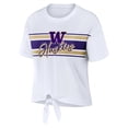 thumbnail image 2 of Women's WEAR by Erin Andrews White Washington Huskies Striped Front Knot Cropped T-Shirt, 2 of 3