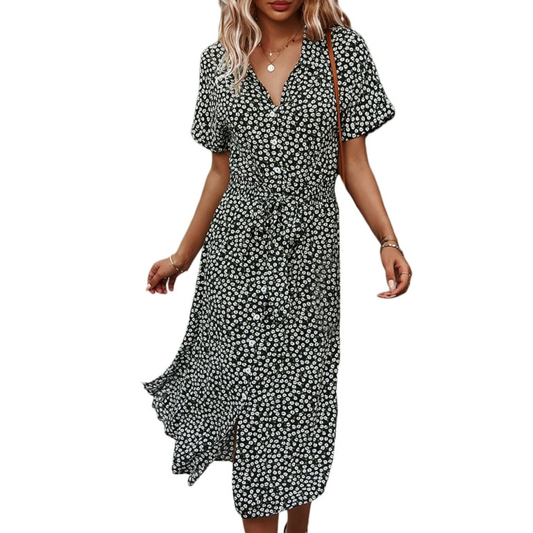 knee length dresses for ladies Black Floral Midi Dress