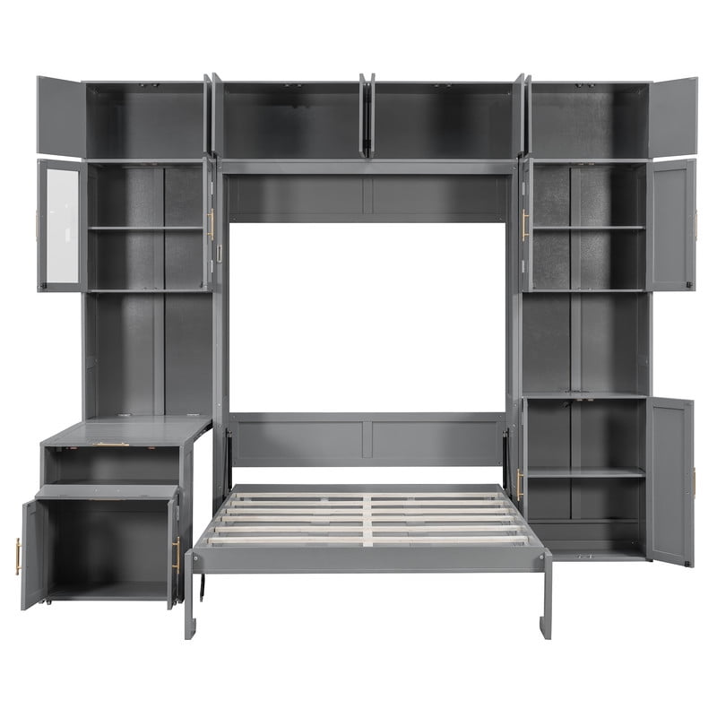 Full Size All-in-One Murphy Bed with Hidden Desk & Storage Cabinets, Foldable Platform Bed Frame with Power Outlet & LED Light