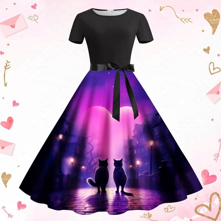 dress purple day 2024 Uuszgmr Dress For Women 2024 Valentines Day Dresses Fashion Cat Print Round  Neck Short Sleeve Retro Casual Dress Purple Xxl