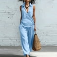 thumbnail image 2 of Enjoytime Travel Outfits for Women Collared V-Neck Sleeveless Beach Vacation 2 Piece Sets Wide Leg Pants Matching Set, 2 of 8