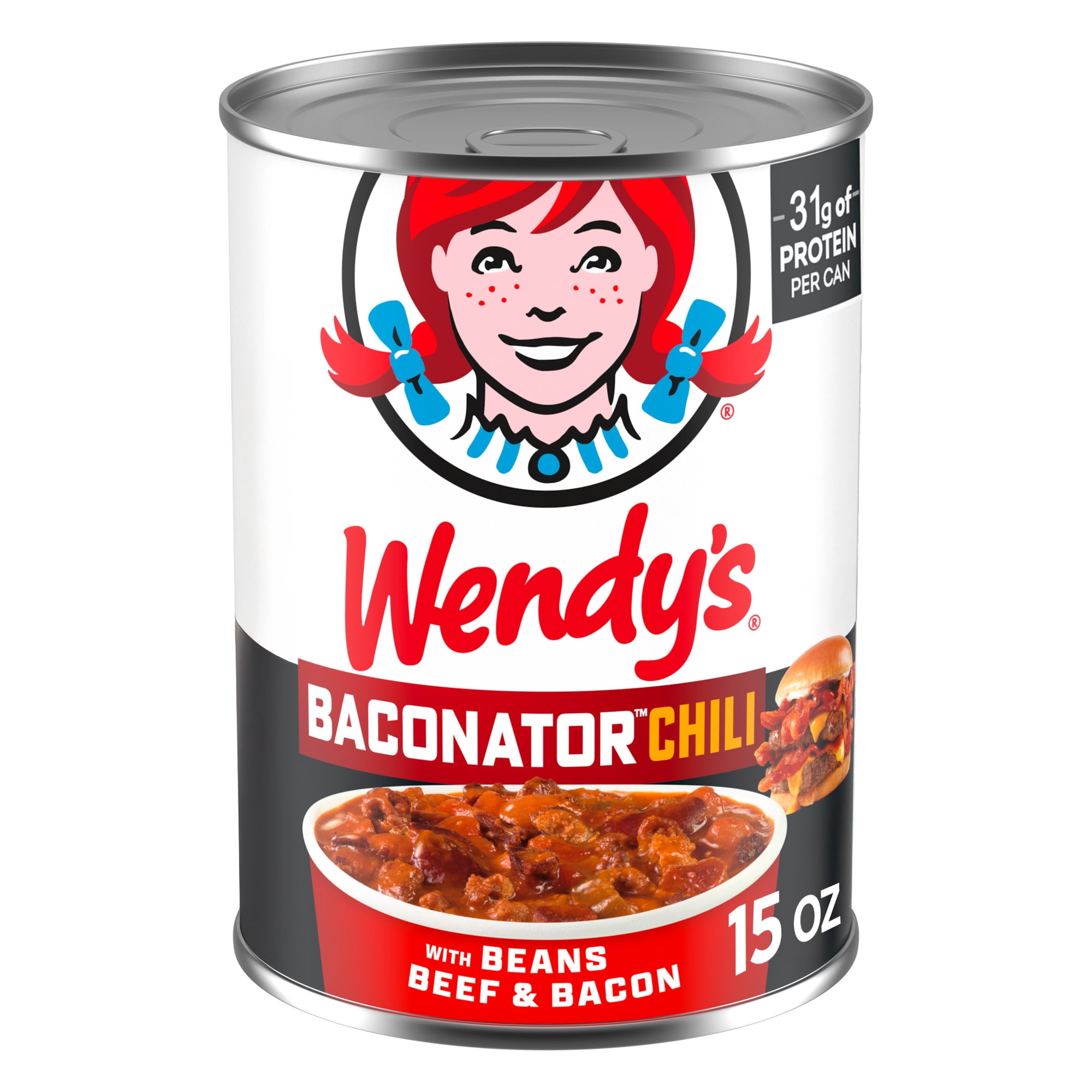 (12 pack) Wendy's Baconator Chili With Beans, Beef & Bacon, 31g Protein Per Can, Canned Chili, 15 oz.