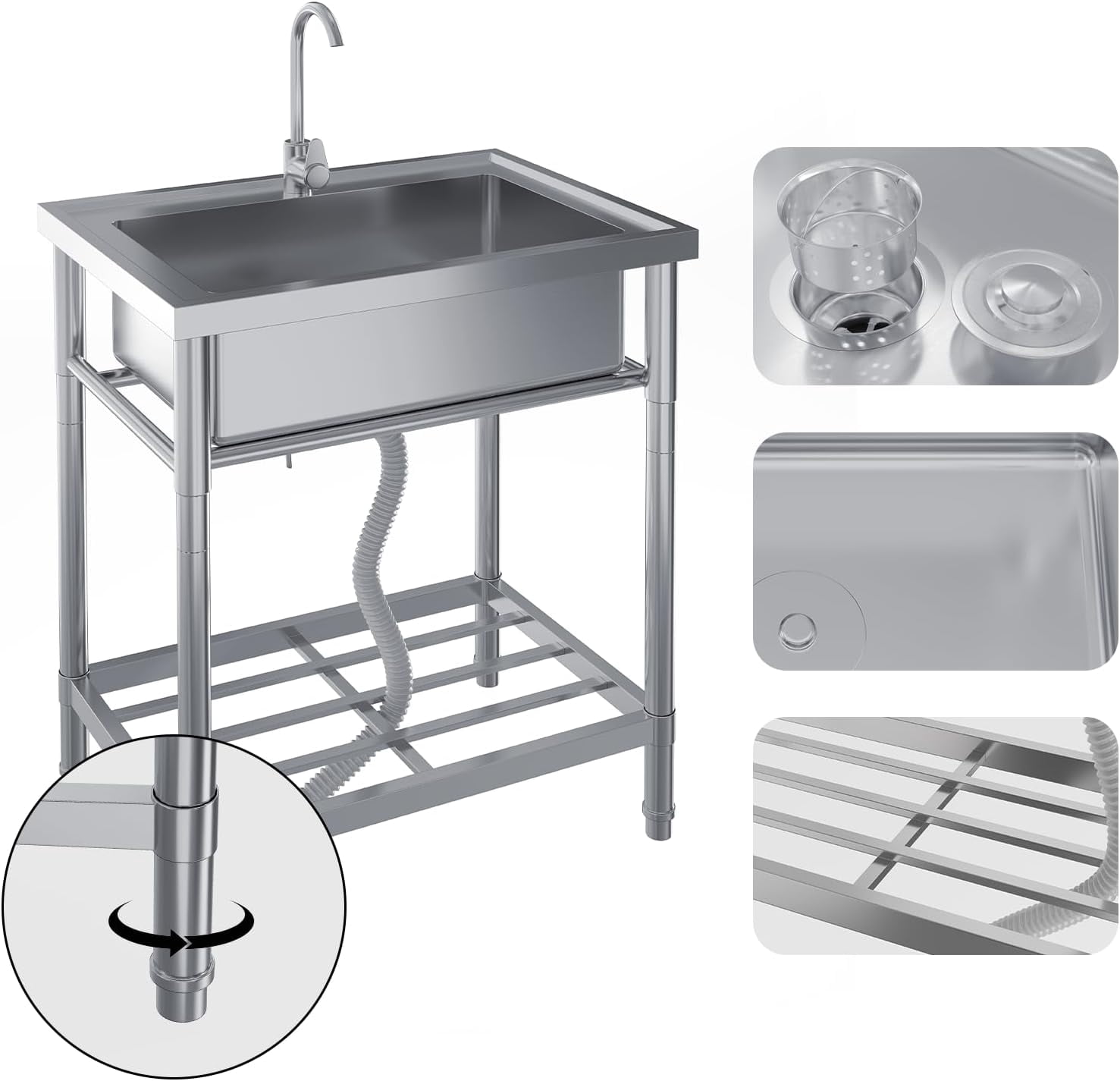 EastVita 24" Stainless Steel Free Standing Single Bowl Utility Sink with Hot/Cold Water Pipe, Kitchen Sink with Faucet, Legs, Storage Rack