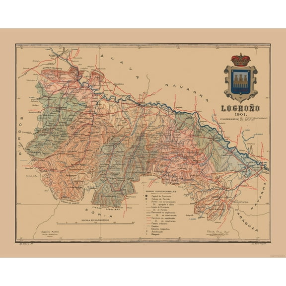 Historic Map - Logrono Spain - Martine 1904 - 28.65 x 23 - Vintage Wall Art