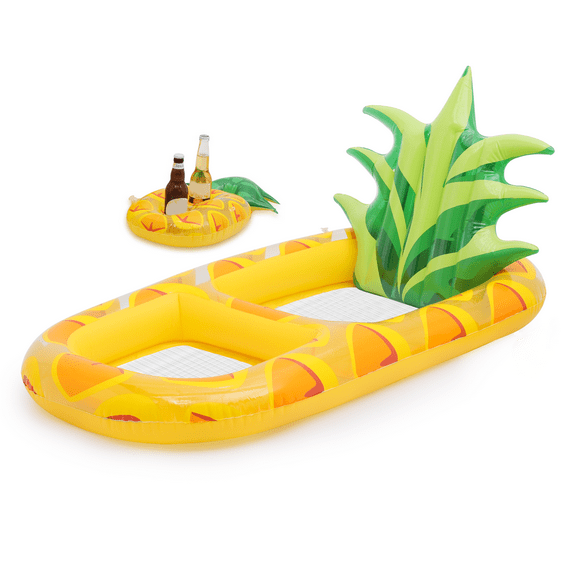 PVC Inflatable Pineapple Pool Floats with Drink Holder Detachable Backrest & Mesh Bottom for Adults , Yellow