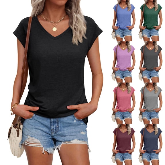 KLHDSF Womens Summer Tops Soft V Neck Short Sleeve Tee Summer Casual Stretchy Daily Basic Top Purple S