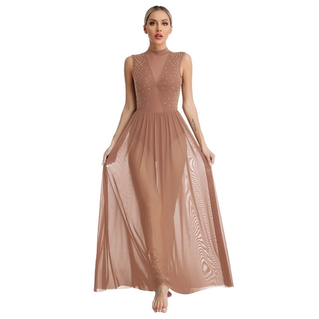 RUNQHUI Robe de Danse Lyrique Longue pour Femme, Superposition Torsadée, Danse Moderne Contemporaine, Rose Poudré, TG