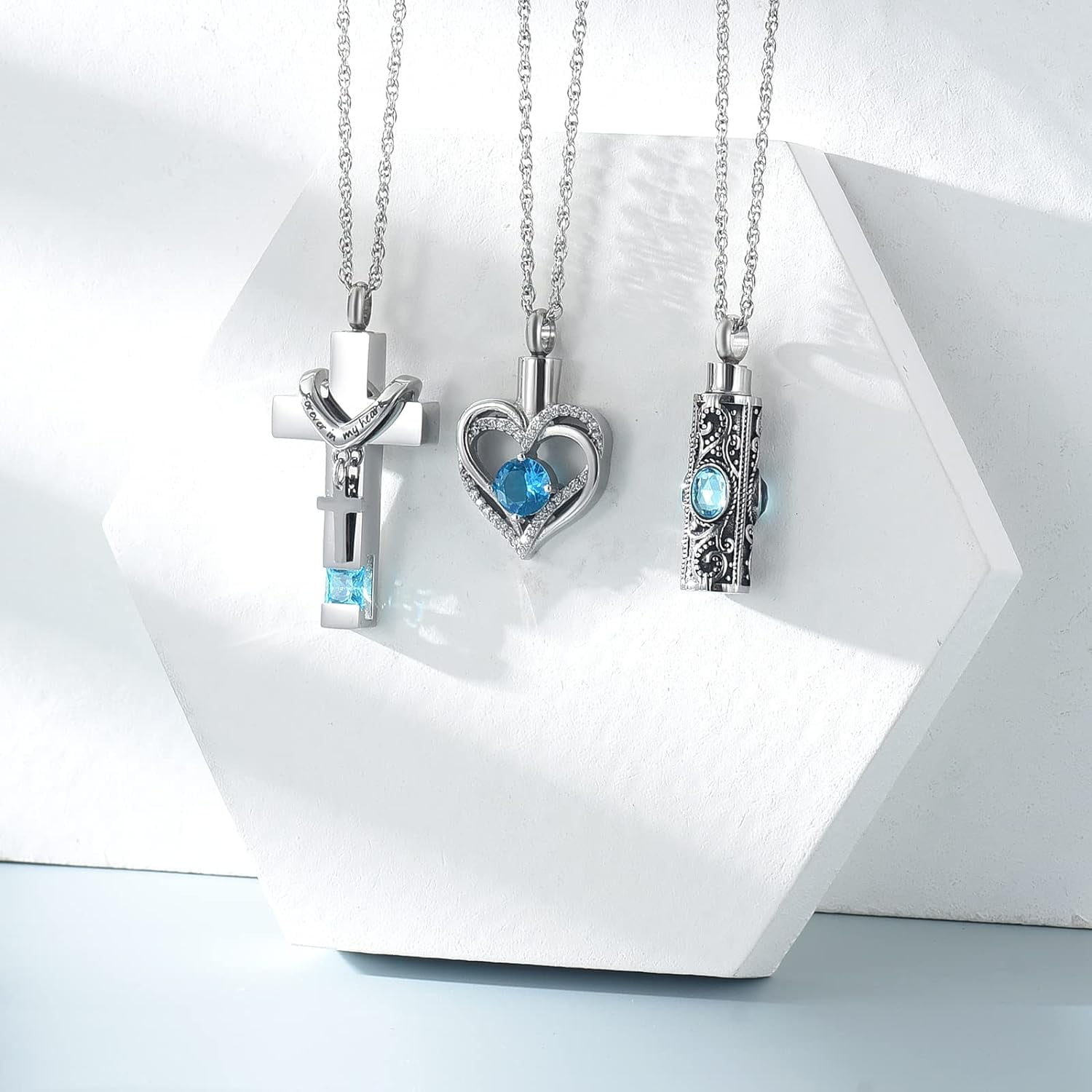 3 Pack Urn Necklace for Ashes for Women Gilrs Heart Cross Cylinder Cremation Jewelry for Ashes Memorial Keepsake Birthstone Pendant