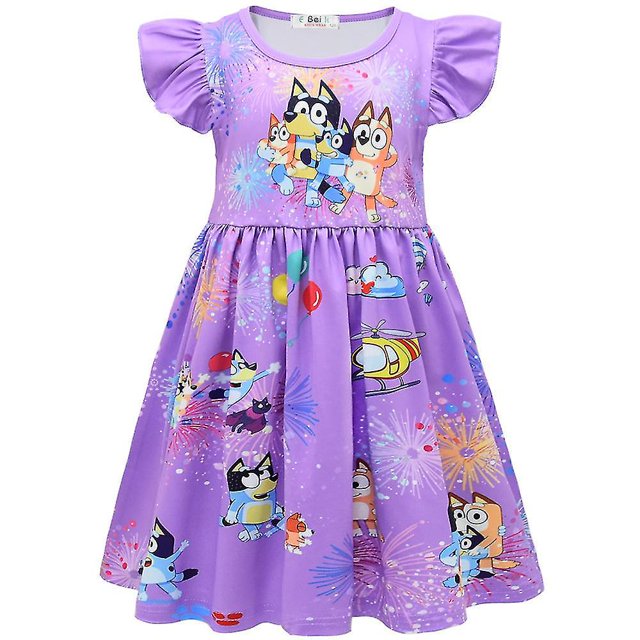4-8Years Kids Girls Bluey Dog Cartoon Bluey Friends Print Costume Dress Pleated Skirt Princess Cosplay Fancy Dress Party Gifts