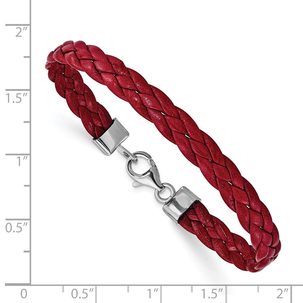 Diamond2Deal 925 Sterling Silver Rhodium Plated Red Braided Leather Bracelet for Men 7"