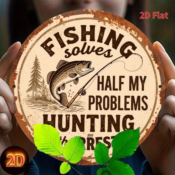 HELLOYOUNG 8"x8" Vintage Round Metal Sign Fishing Hunting Rustic Wall Decor for Cabin Garage Kitchen, Durable 2D Flat Iron Art Coastal Home Decor