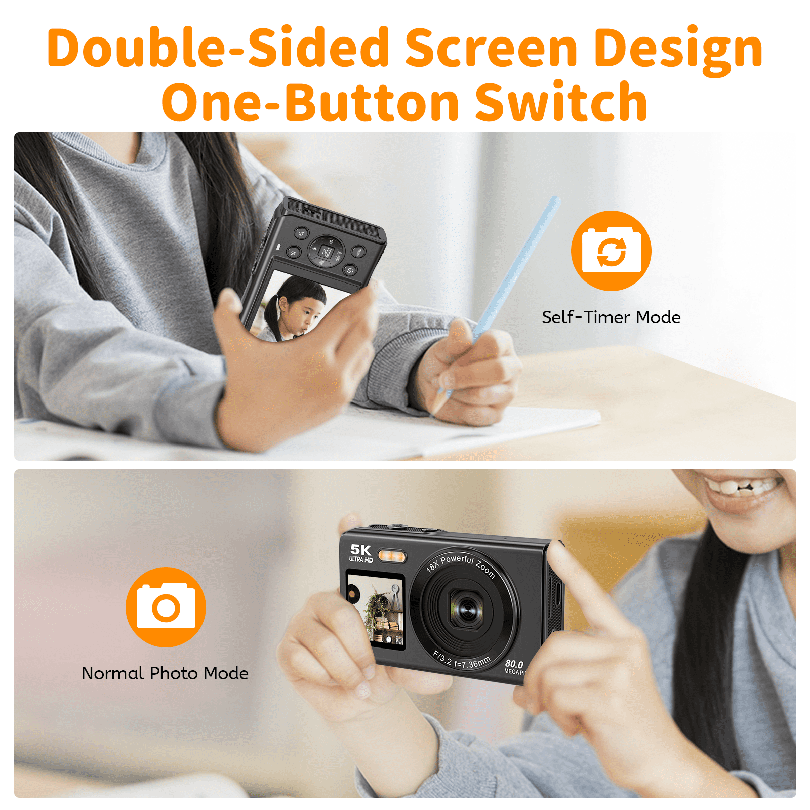 Saneen Digital Camera 5K 80MP Dual Screen Camera for Youtube 2.8'' Vlogging Cameras 18X Zoom 32GB Card Mini Cameras for Teens Black