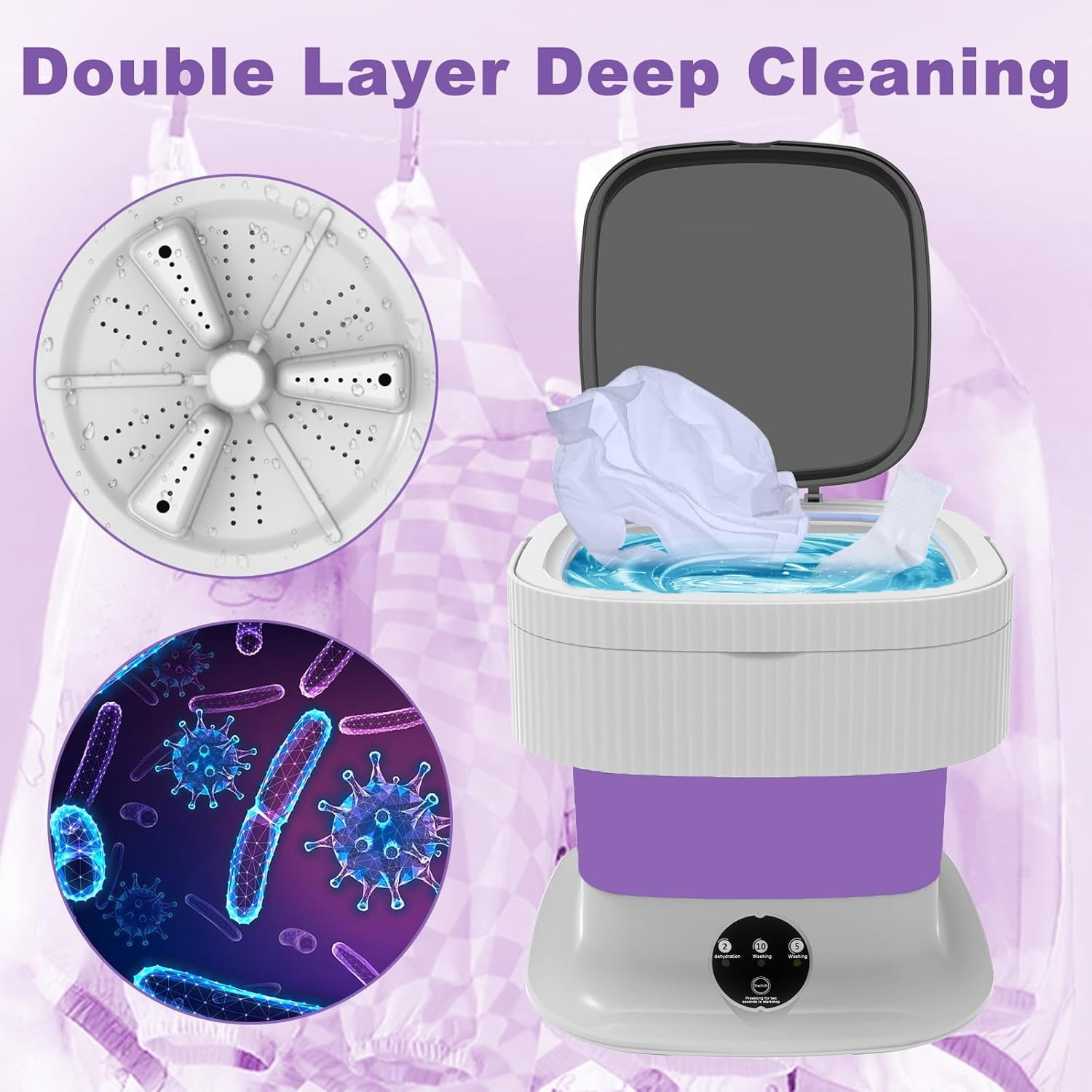 Portable Washing Machine, Foldable Mini Washing Machine,10L Mini Washer with Spin Dryer, Collapible Compact Small Folding Laundry Washer for Socks,Baby Clothes,Underwear,Dorm,Camping,Apartment,RV
