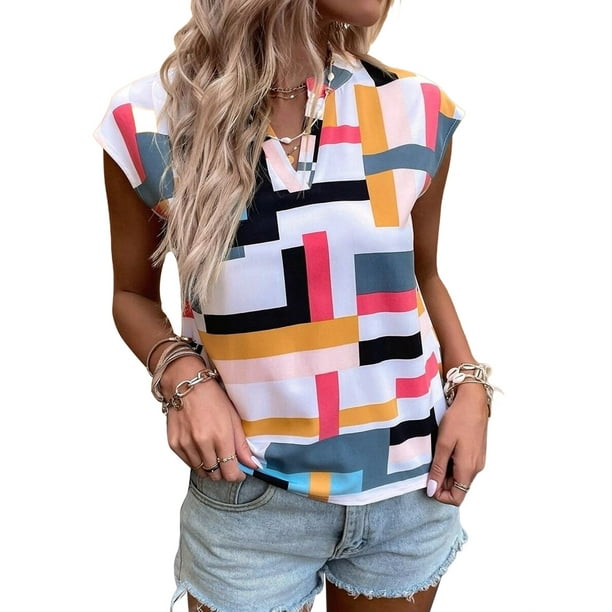 Camiseta para Mujer, Color Block, Cuello en V, Corta, Top de Moda, Informal, Holgada, de Verano. Color A M