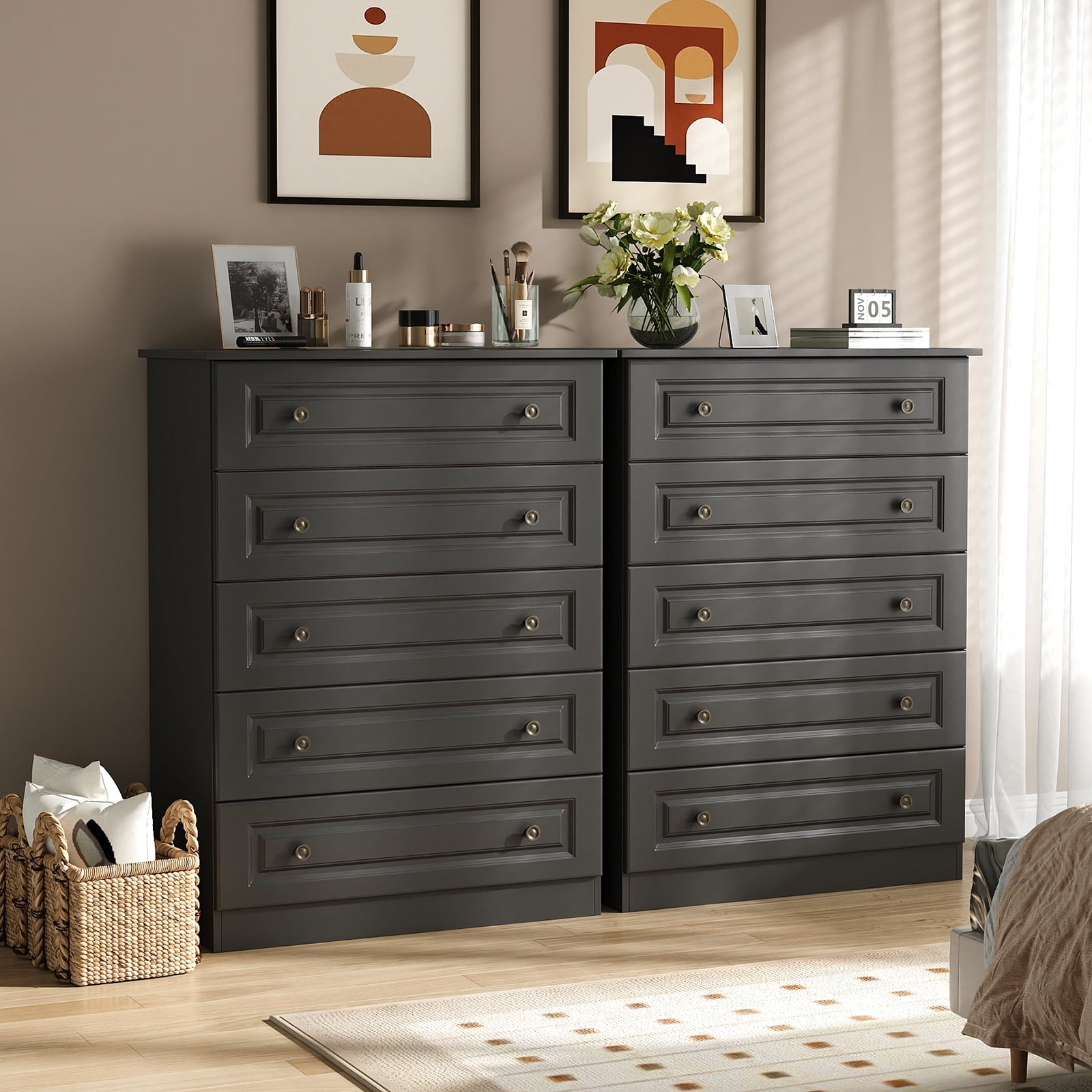 IDEALSOUL Dresser for bedroom, Black Dresser Tall dresser with Large Storage Space, 5 Drawer Dresser for Bedroom, Hallway, Entryway